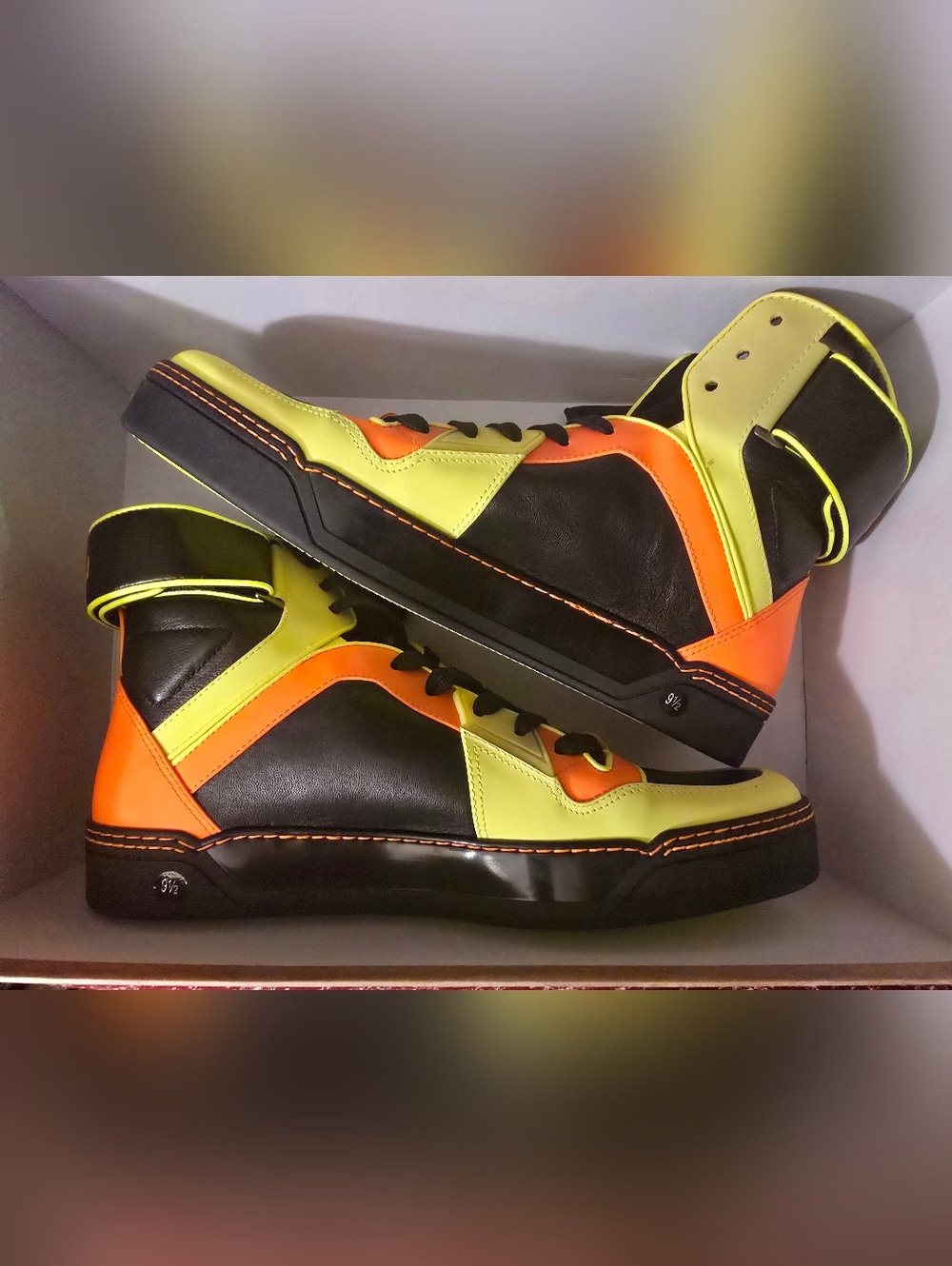Gucci Men’s High-Top Sneakers in Neon Yellow, Orange & Black